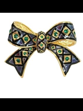 Joan Rivers Black Enamel Bow Brooch with Green Stones